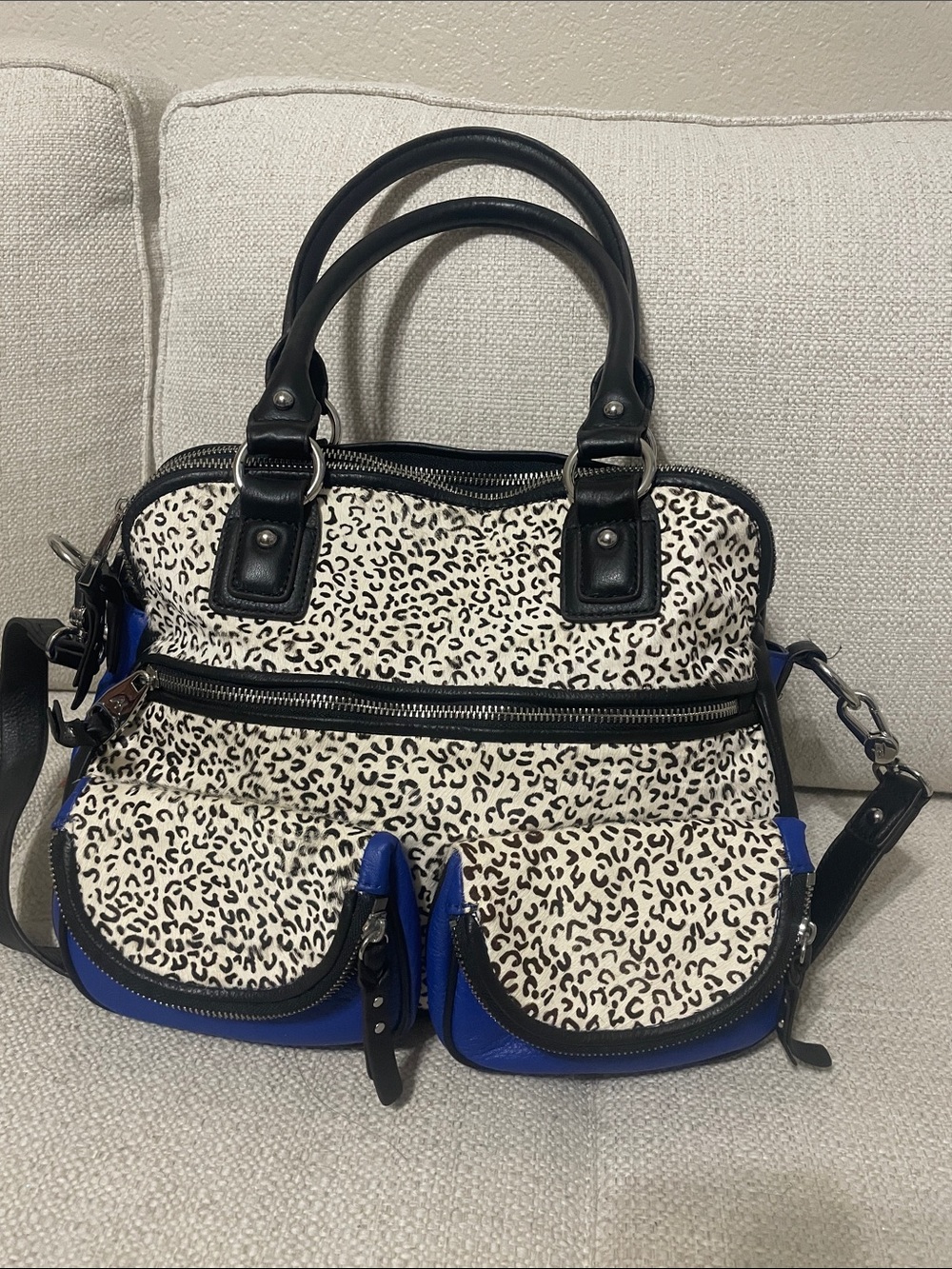 Aimee Kestenberg Black & White Leopard Satchel with Blue Trim